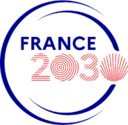 Logo du programme France 2030, texte en bleu sur illustration de coquille rouge
