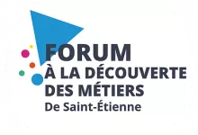 logo du forum à la découverte des métiers texte noir sur fond blanc avec des rond et triangle bleus