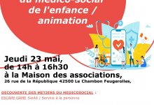 affiche blanche avec le titre dans une bulle rouge et les infos pratiques en dessous en rouge sur fond blanc