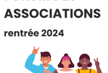 titre de l'événement "Forum des associations, rentrée 2024" au dessus d'une illustration représentant 3 jeunes personnes vetues de couleurs vives