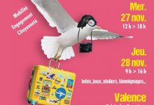 affiche à fond rose avec une mouette qui porte un casque d'aviateur en cuir et une valise jaune couverte de stickers.