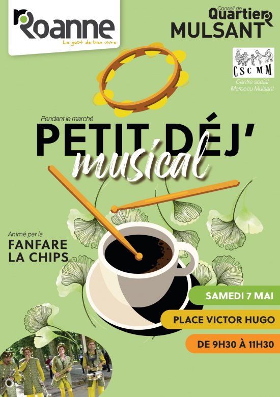 affiche du petit déjeuner musical au marché de Roanne, tasse de café sur fond vert amande