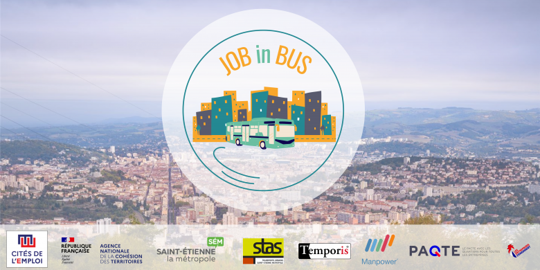 logo job in bus sur fond de panorama de saint etienne