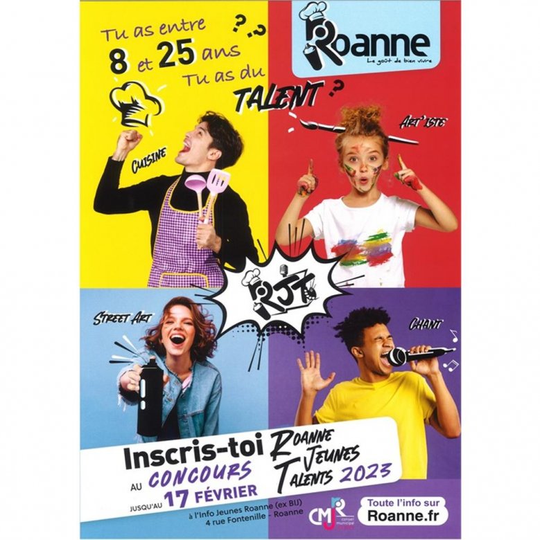 affiche présentant 4 jeunes sur des fonds de couleurs avec chacun une activité différente