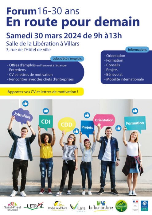 affiche promotionnelle du forum avec le titre en bleu sur fond blanc et des jeunes levant des parcantes avec des informations pratiques en bas de l'affiche