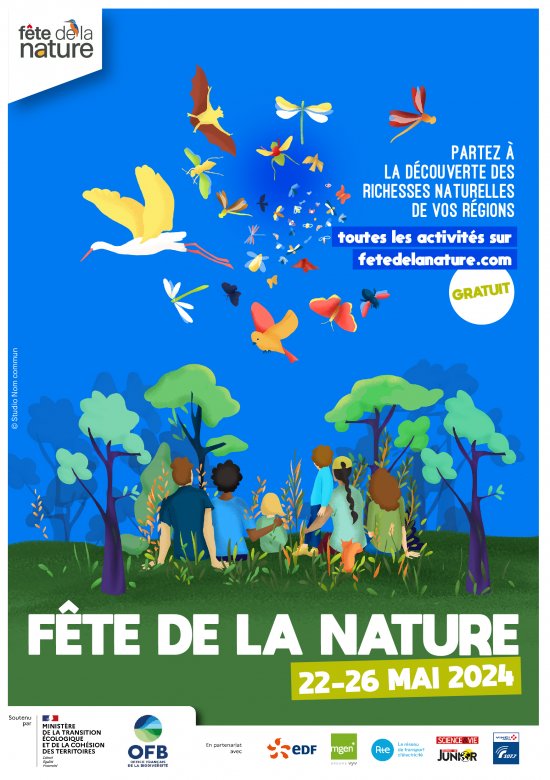 affiche fête de la nature 2024 avec une illustration d'une famille assis dans l'herbe regardant des oiseaux dans un ciel bleu