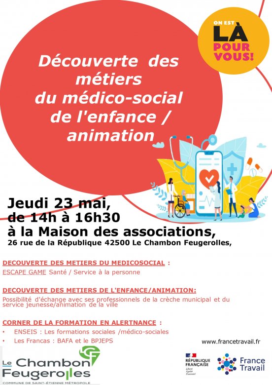 affiche blanche avec le titre dans une bulle rouge et les infos pratiques en dessous en rouge sur fond blanc