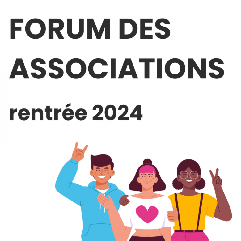 titre de l'événement "Forum des associations, rentrée 2024" au dessus d'une illustration représentant 3 jeunes personnes vetues de couleurs vives