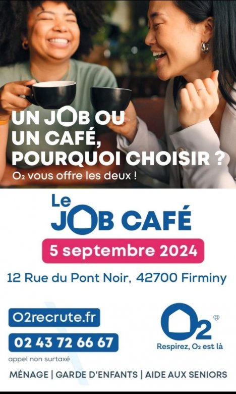 affiche avec une photo de 2 jeunes femmes en train de rire en buavant un café, au dessus du texte informatif 