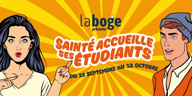 visuel jaune avec illustration de personnages pour sainté accueille ses étudiants