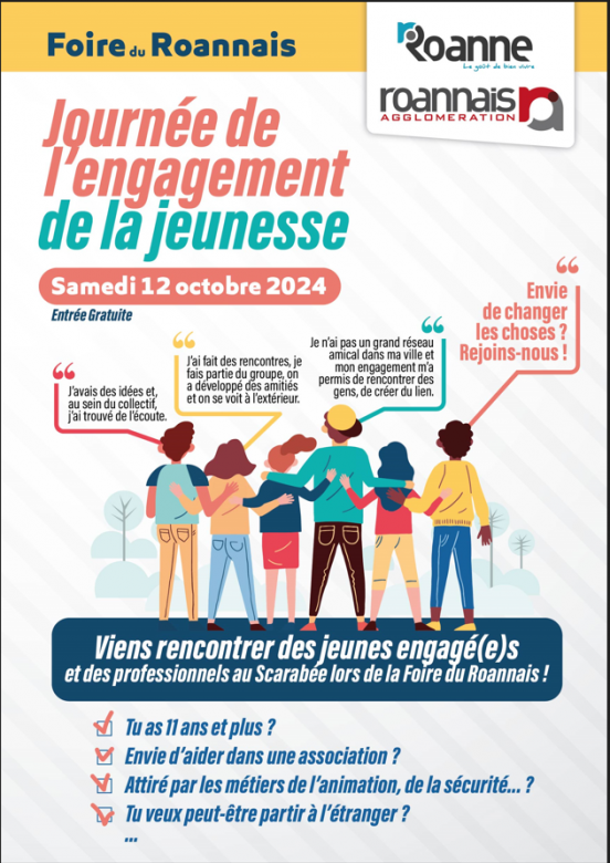 illustration de jeunes de dos avec des bulles de texte. les informations pratiques sont écrites de toutes les couleurs