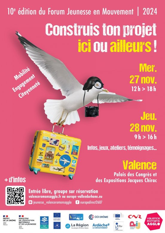 affiche à fond rose avec une mouette qui porte un casque d'aviateur en cuir et une valise jaune couverte de stickers.